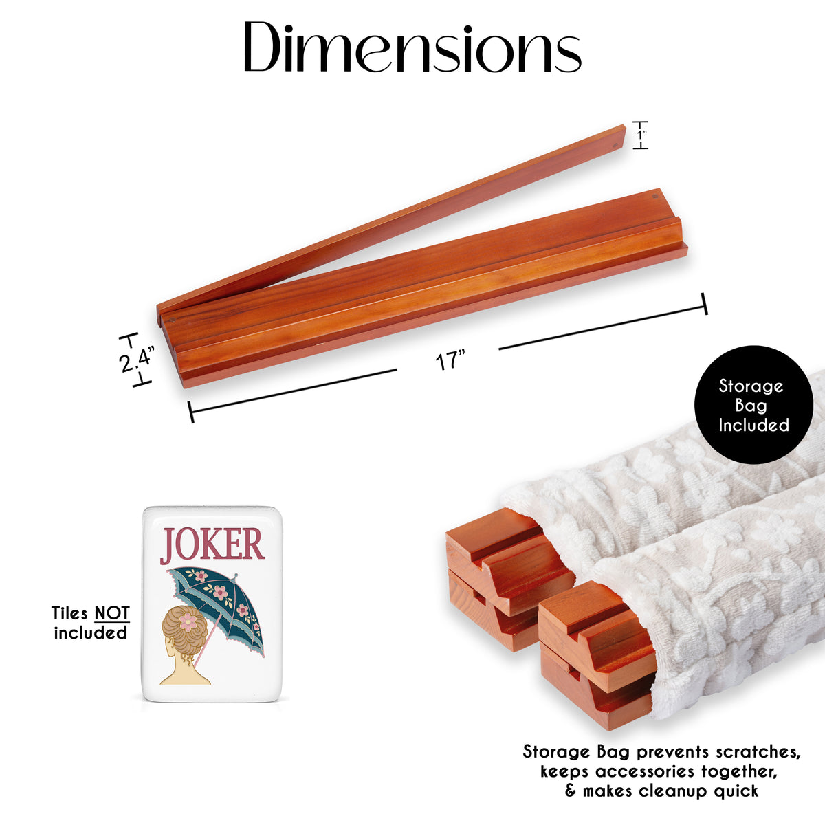 (17in.) Cherry Stain Wooden Mahjong Racks with Pushers & Travel Bag - Set of 4