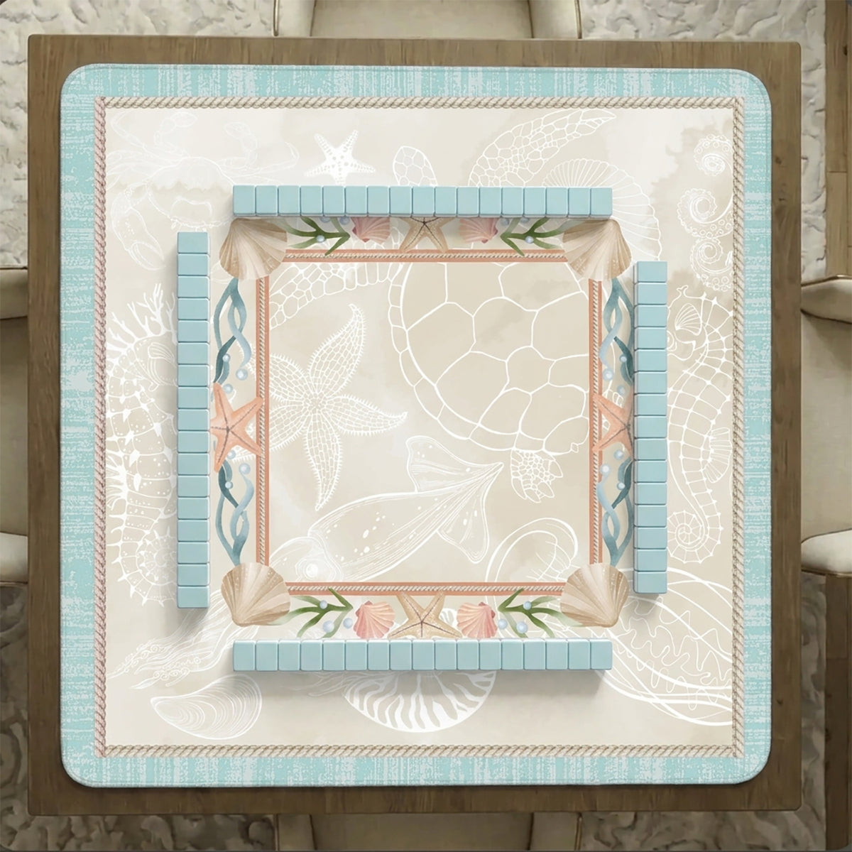 Aqua Blue Coastal Paradise Collection Mahjong Mat for Table - Shipped Rolled