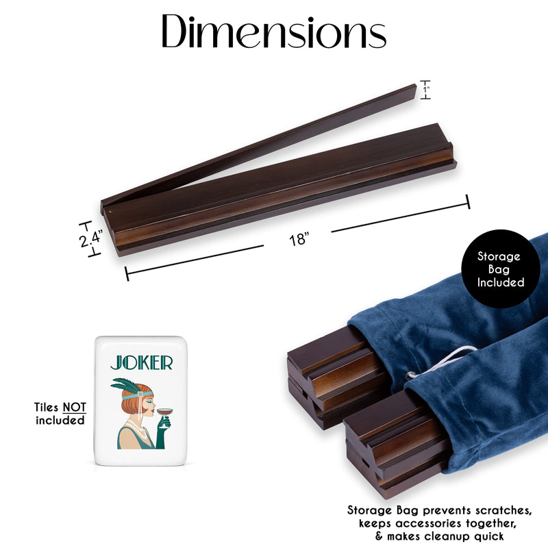 (18in.) Dark Brown Wooden Mahjong Racks with Pushers & Travel Bag - Set of 4