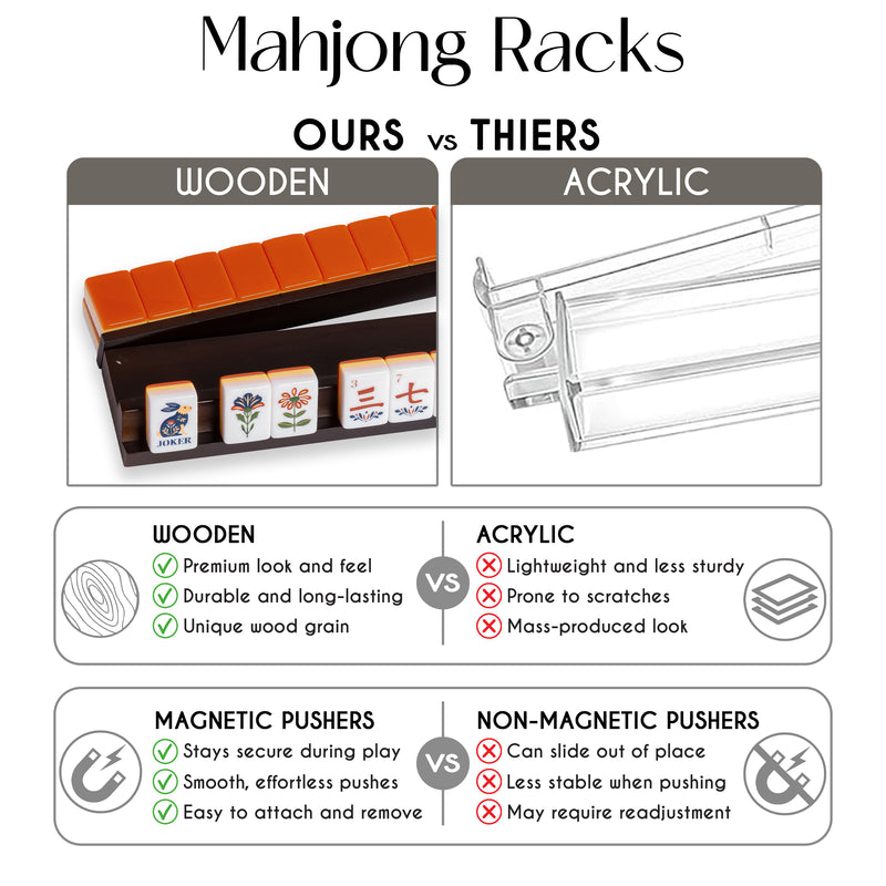(17in.) Dark Brown Wooden Mahjong Racks with Pushers & Travel Bag - Set of 4