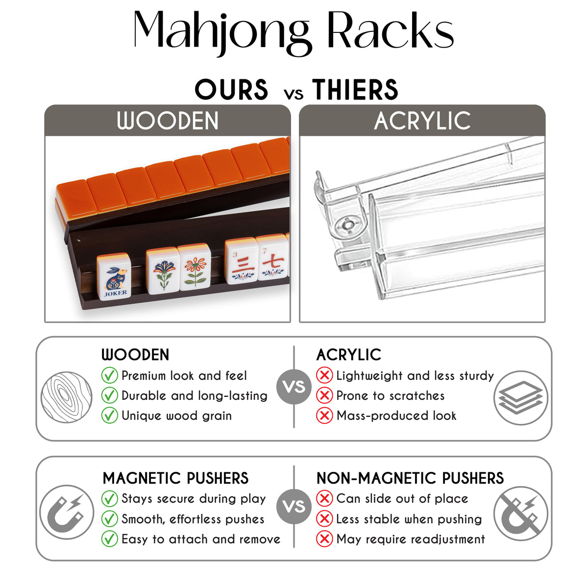(18in.) Dark Brown Wooden Mahjong Racks with Pushers & Travel Bag - Set of 4