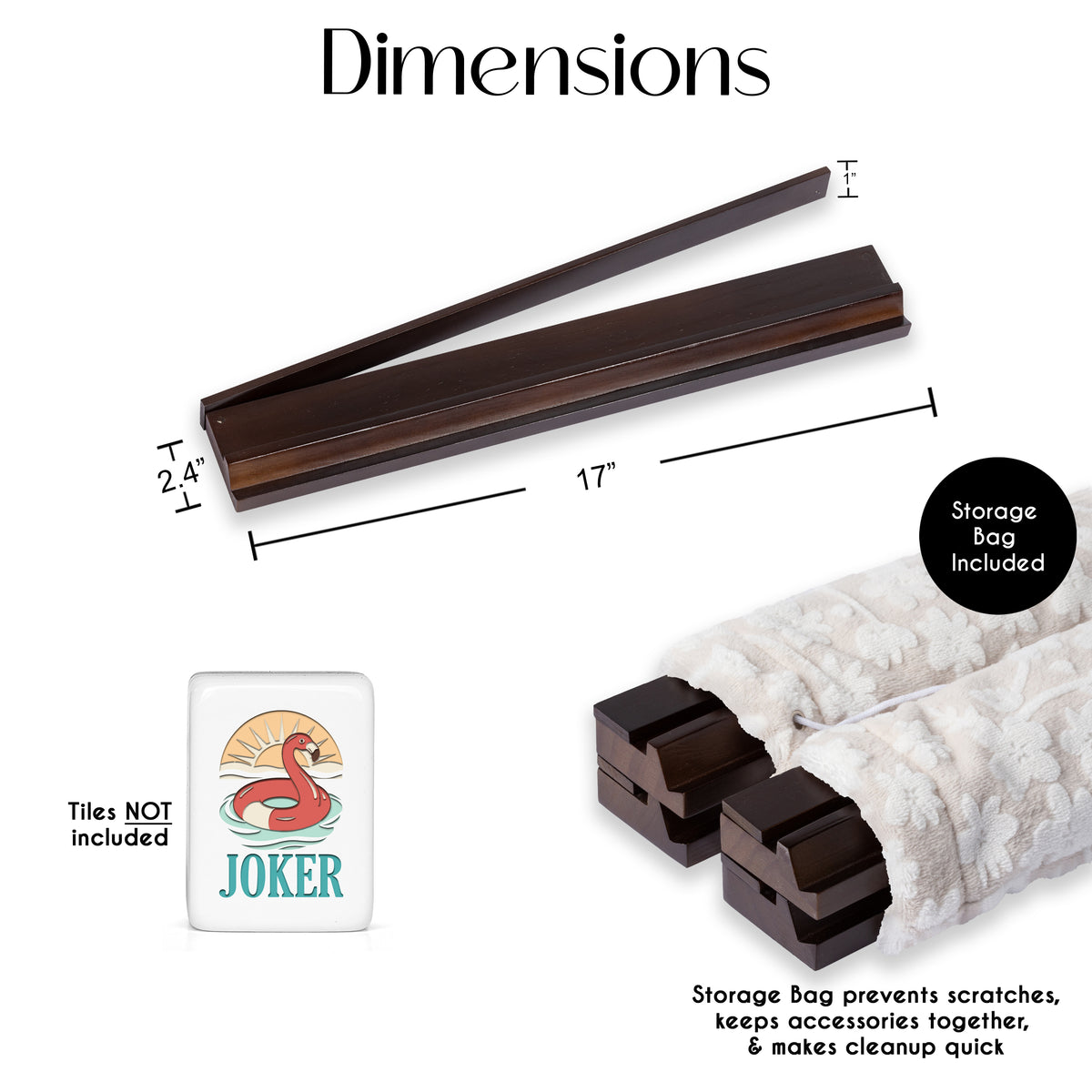 (17in.) Dark Brown Wooden Mahjong Racks with Pushers & Travel Bag - Set of 4