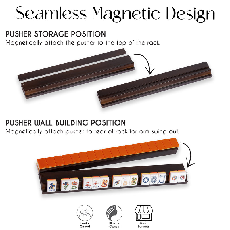 (17in.) Dark Brown Wooden Mahjong Racks with Pushers & Travel Bag - Set of 4