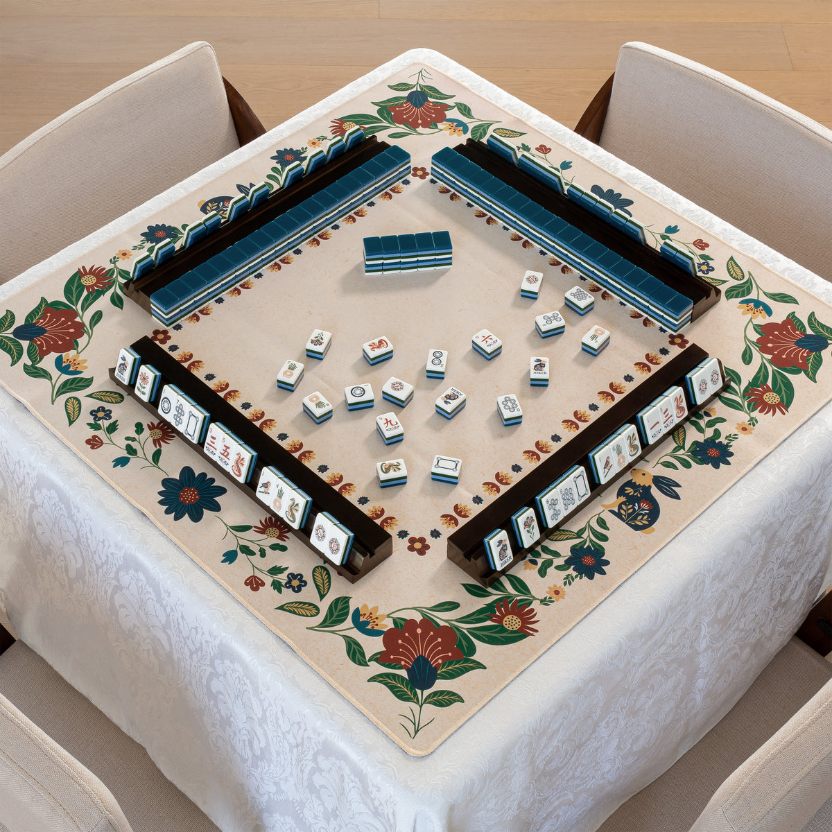 Blue Folk Collection Mahjong Mat for Table - Shipped Rolled