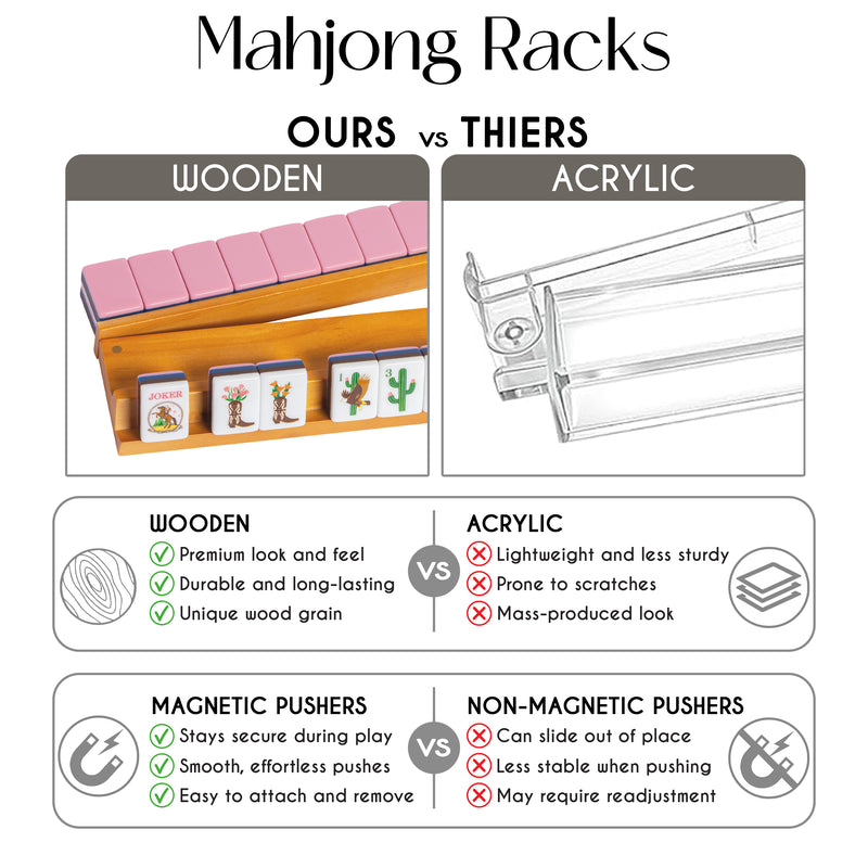 (18in.) Light Brown Wooden Mahjong Racks with Pushers & Travel Bag - Set of 4