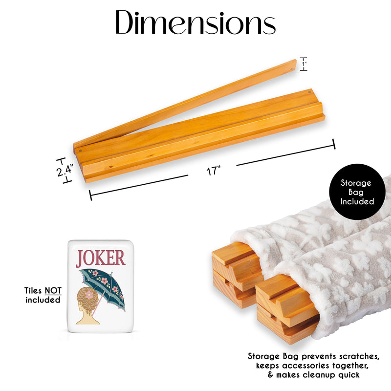 (17in.) Light Brown Wooden Mahjong Racks with Pushers & Travel Bag - Set of 4