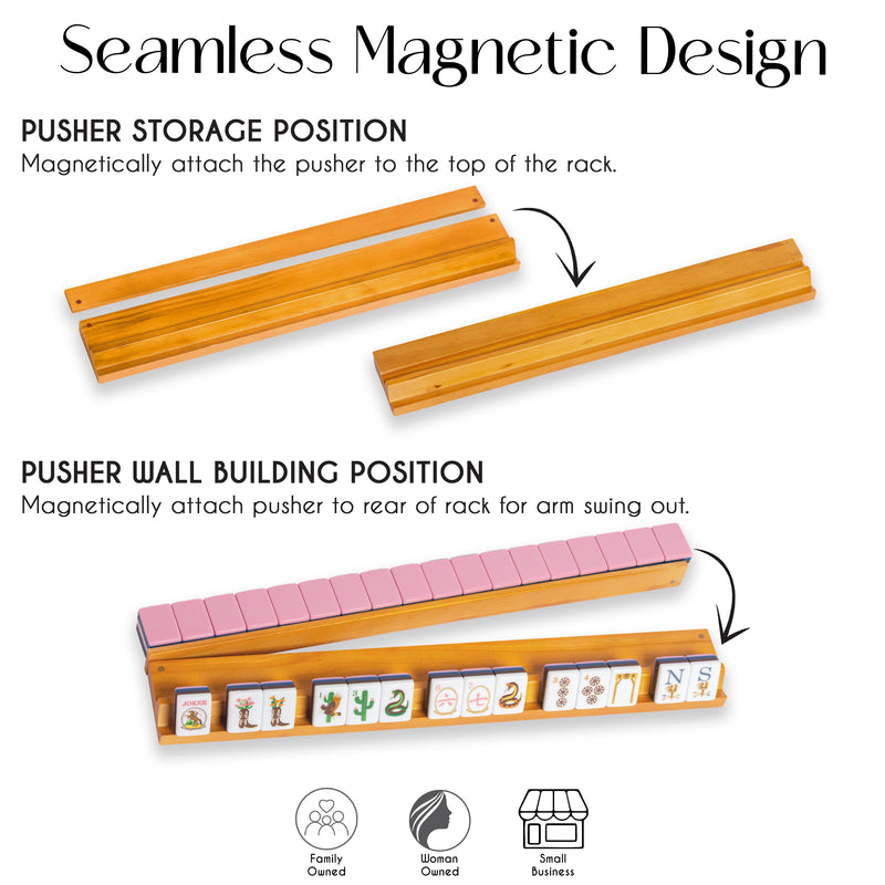 (17in.) Light Brown Wooden Mahjong Racks with Pushers & Travel Bag - Set of 4