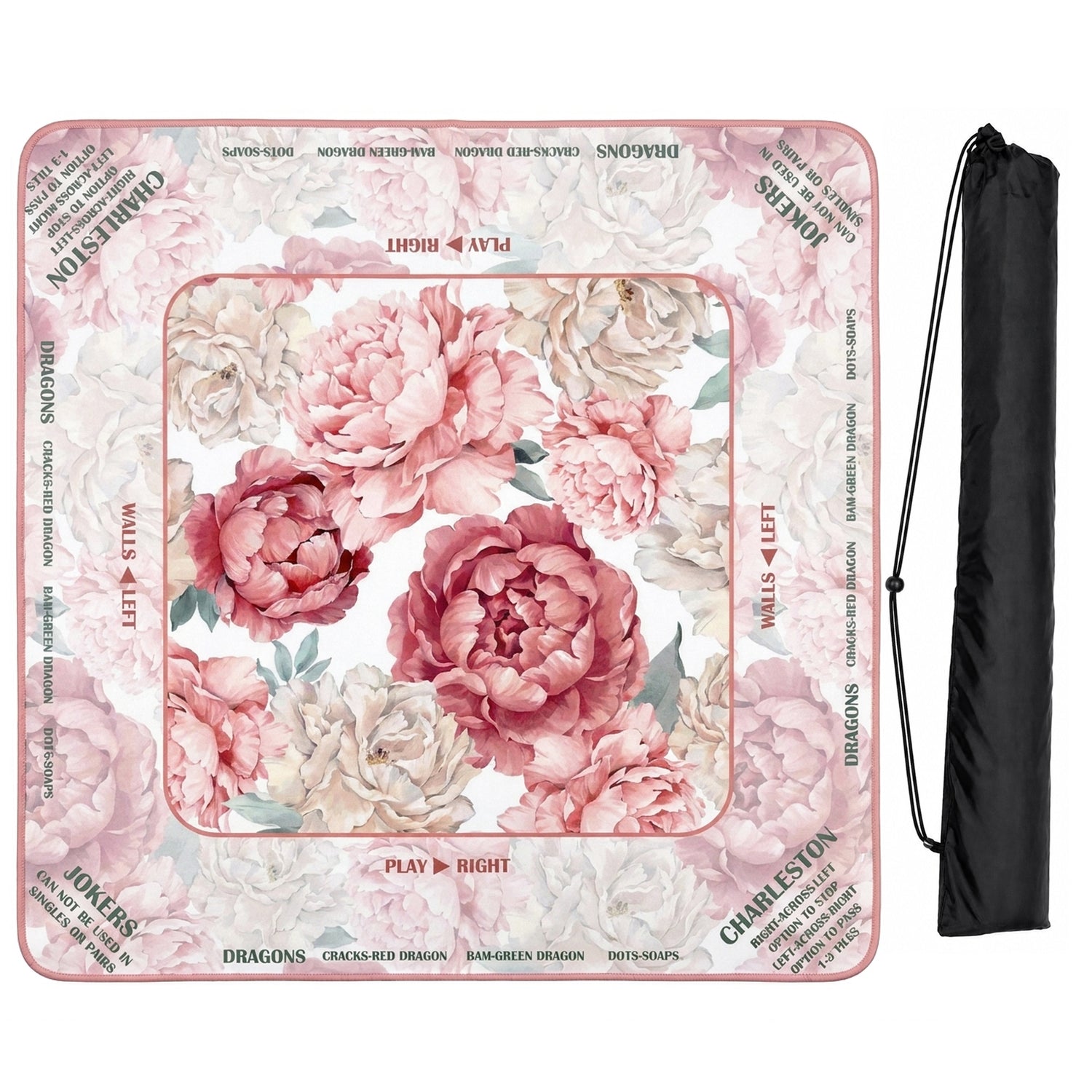 Peony Floral Garden Pink & Ivory Collection Mahjong Mat for Table with Rules - Shipped Rolled