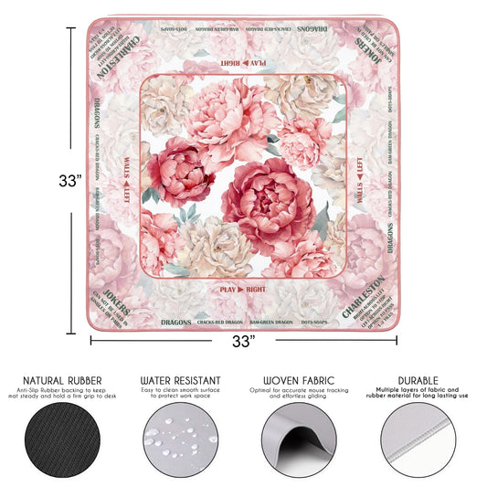 Peony Floral Garden Pink & Ivory Collection Mahjong Mat for Table with Rules - Shipped Rolled
