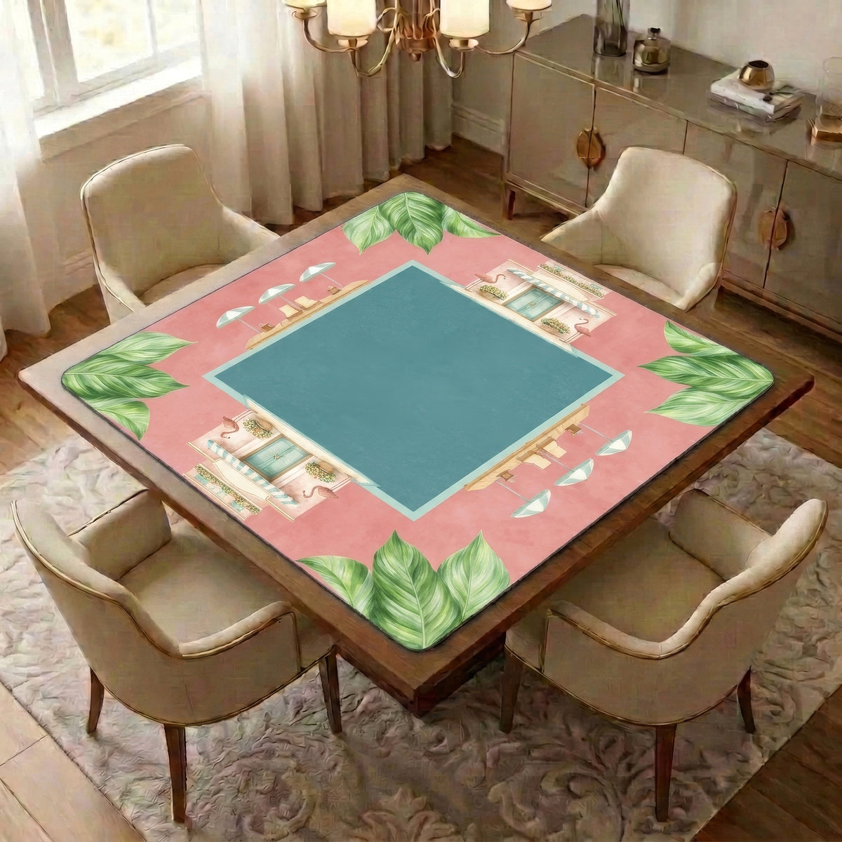 Mint Green Royal Palm Collection Mahjong Mat for Table - Shipped Rolled