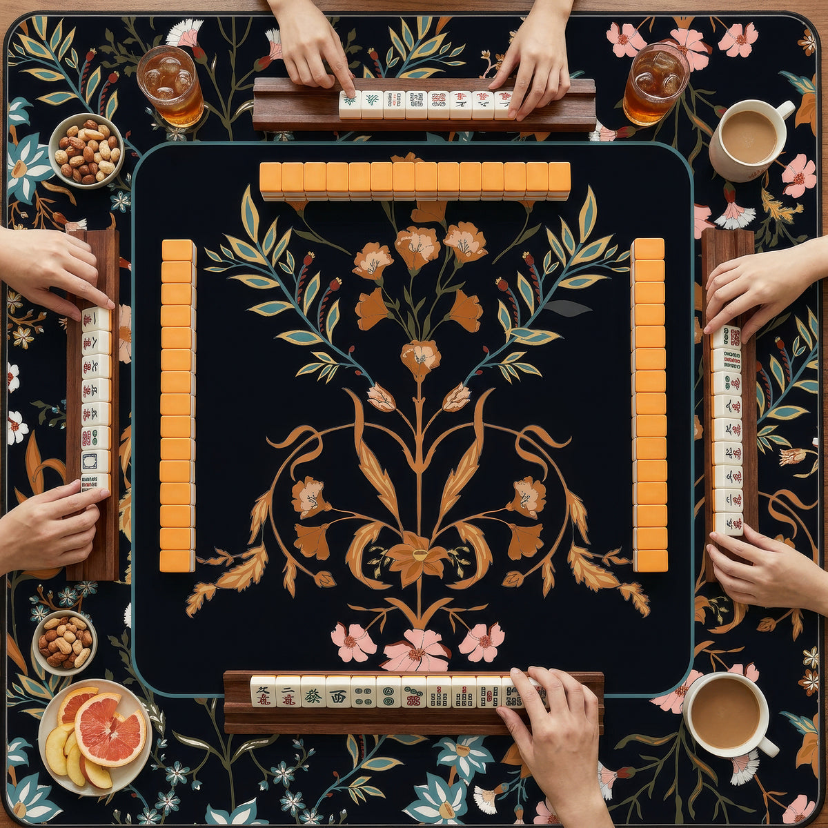 Boho Floral Wildflower Black and Orange Collection Mahjong Mat for Table - Shipped Rolled