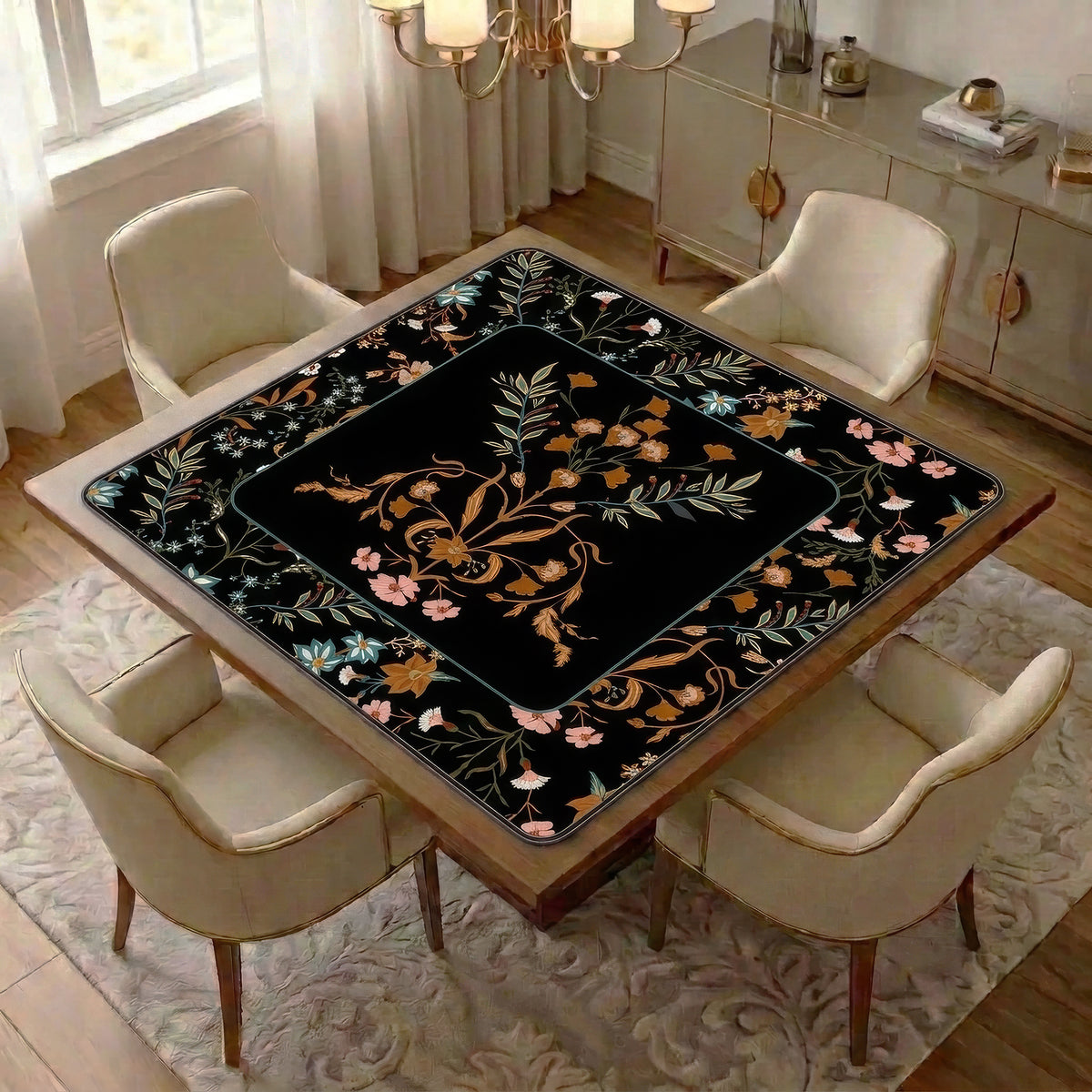 Boho Floral Wildflower Black and Orange Collection Mahjong Mat for Table - Shipped Rolled