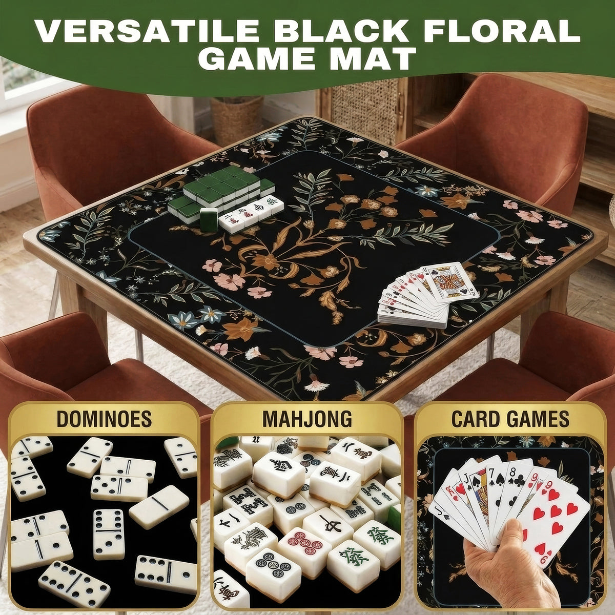Boho Floral Wildflower Black and Orange Collection Mahjong Mat for Table - Shipped Rolled