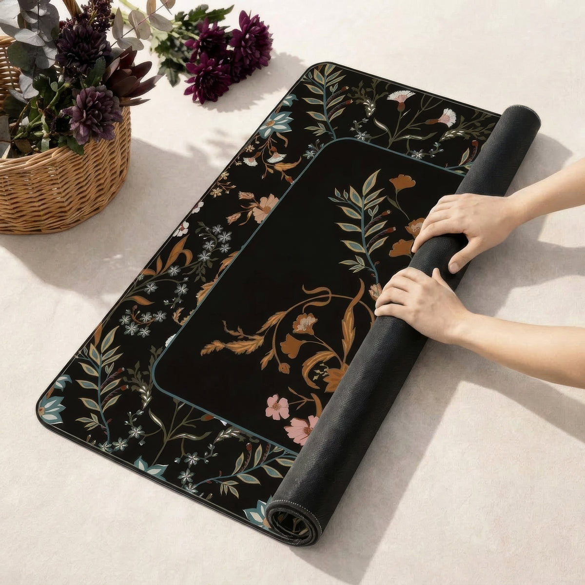 Boho Floral Wildflower Black and Orange Collection Mahjong Mat for Table - Shipped Rolled