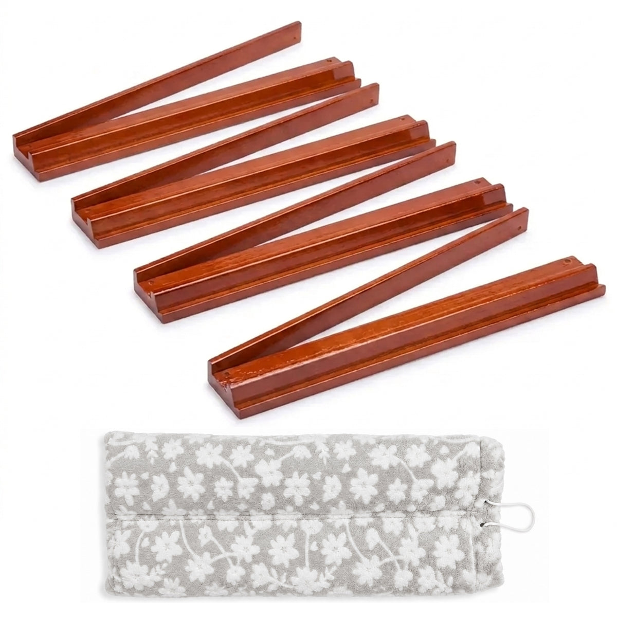 (17in.) Cherry Stain Wooden Mahjong Racks with Pushers & Travel Bag - Set of 4