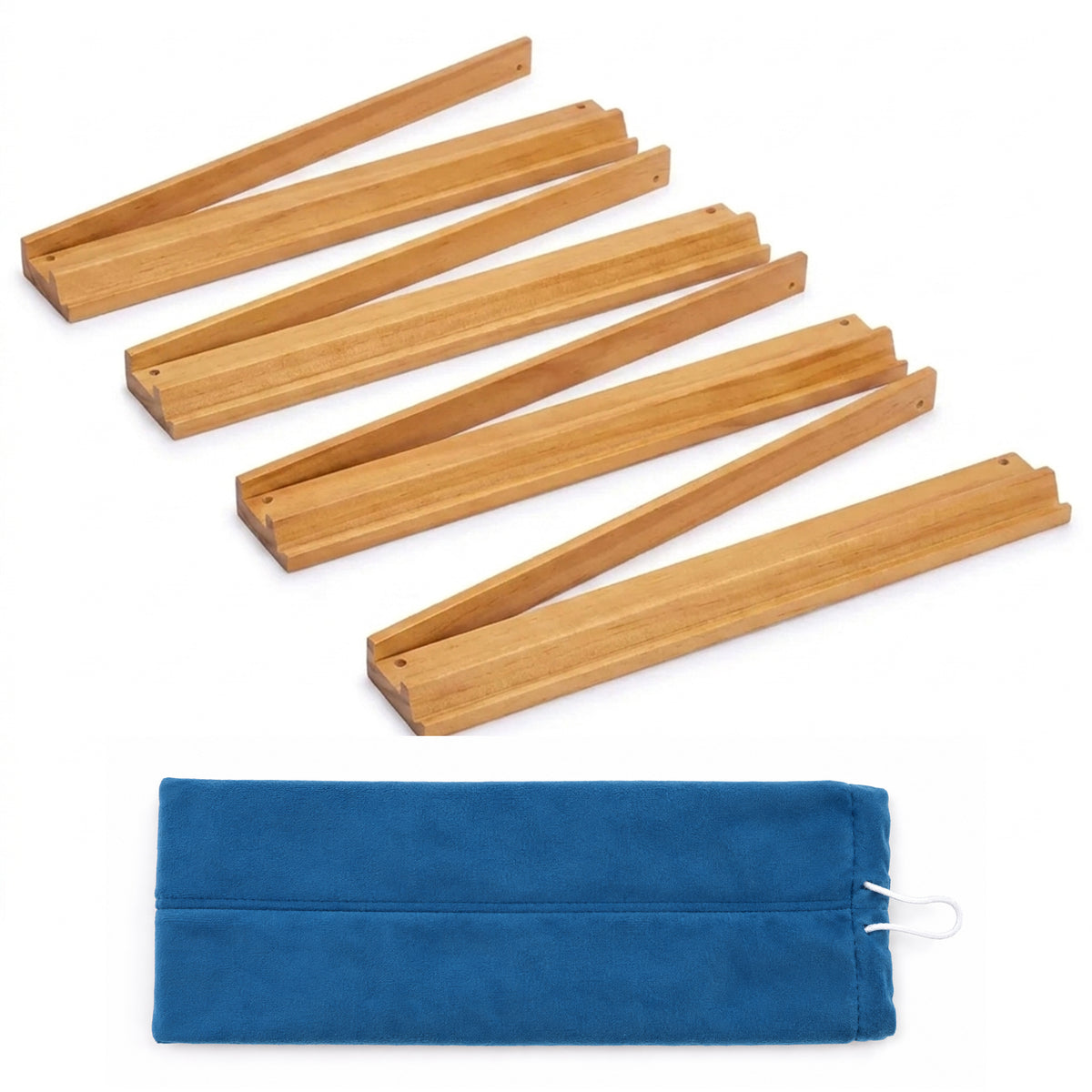 (20in.) Light Brown Wooden Mahjong Racks with Pushers & Travel Bag - Set of 4