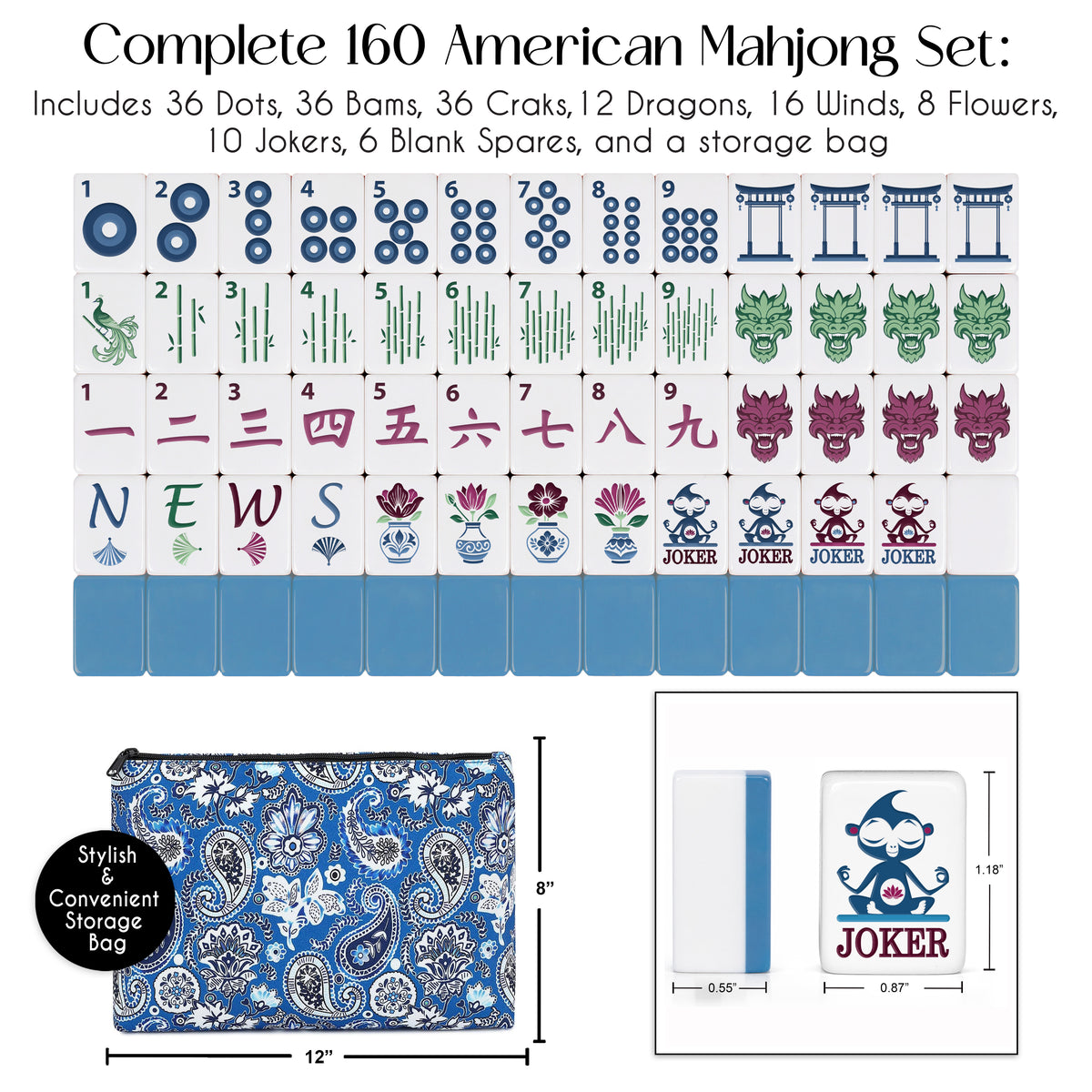 Blue Monkey Collection Melamine American Mahjong Tile Set (160pc)