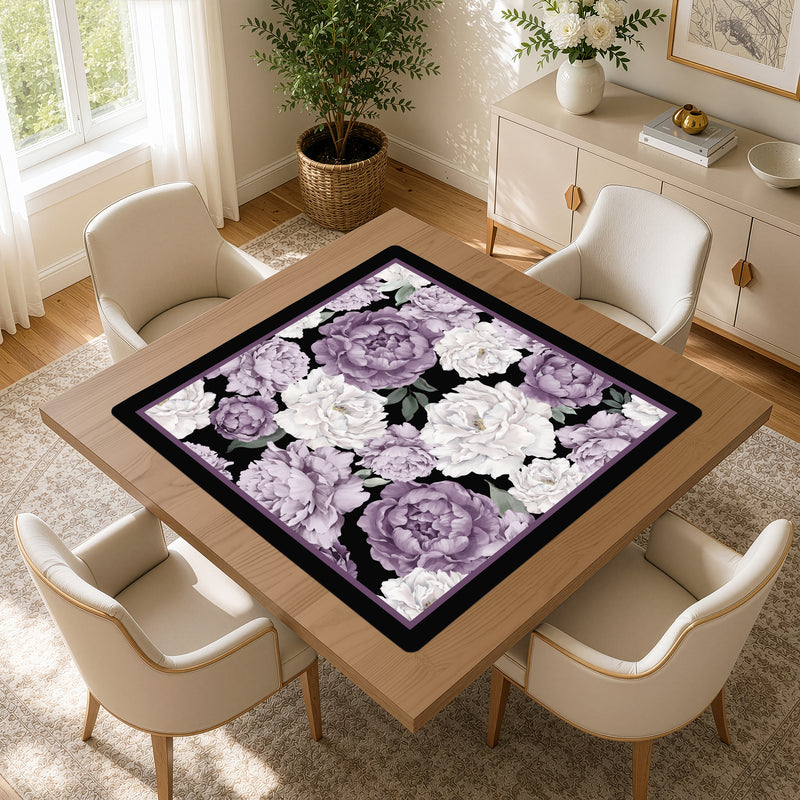 Peony Floral Garden Black and Purple Collection Mahjong Mat for Table - Shipped Rolled