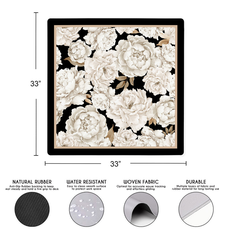 Peony Floral Garden Black and Ivory Collection Mahjong Mat for Table - Shipped Rolled