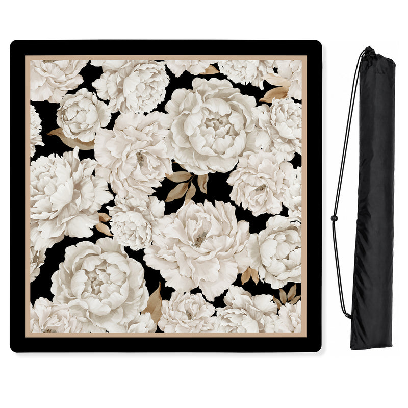 Peony Floral Garden Black and Ivory Collection Mahjong Mat for Table - Shipped Rolled