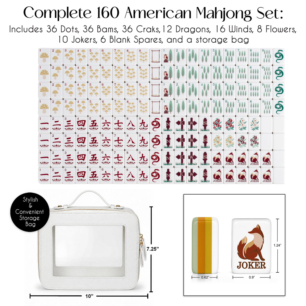 Sage Green Woodland Collection American Mahjong Tile Set (160pc) 1.24in. Layered Acrylic with White Faux Leather Travel Bag